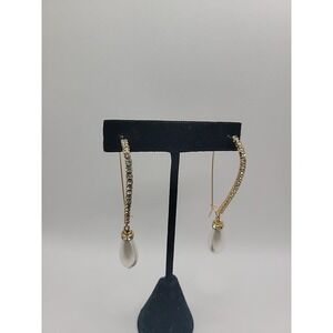 Gold Tone Rhinestone Hoop Earrings Faux Pearl Teardrop Dangle Elegant Wedding